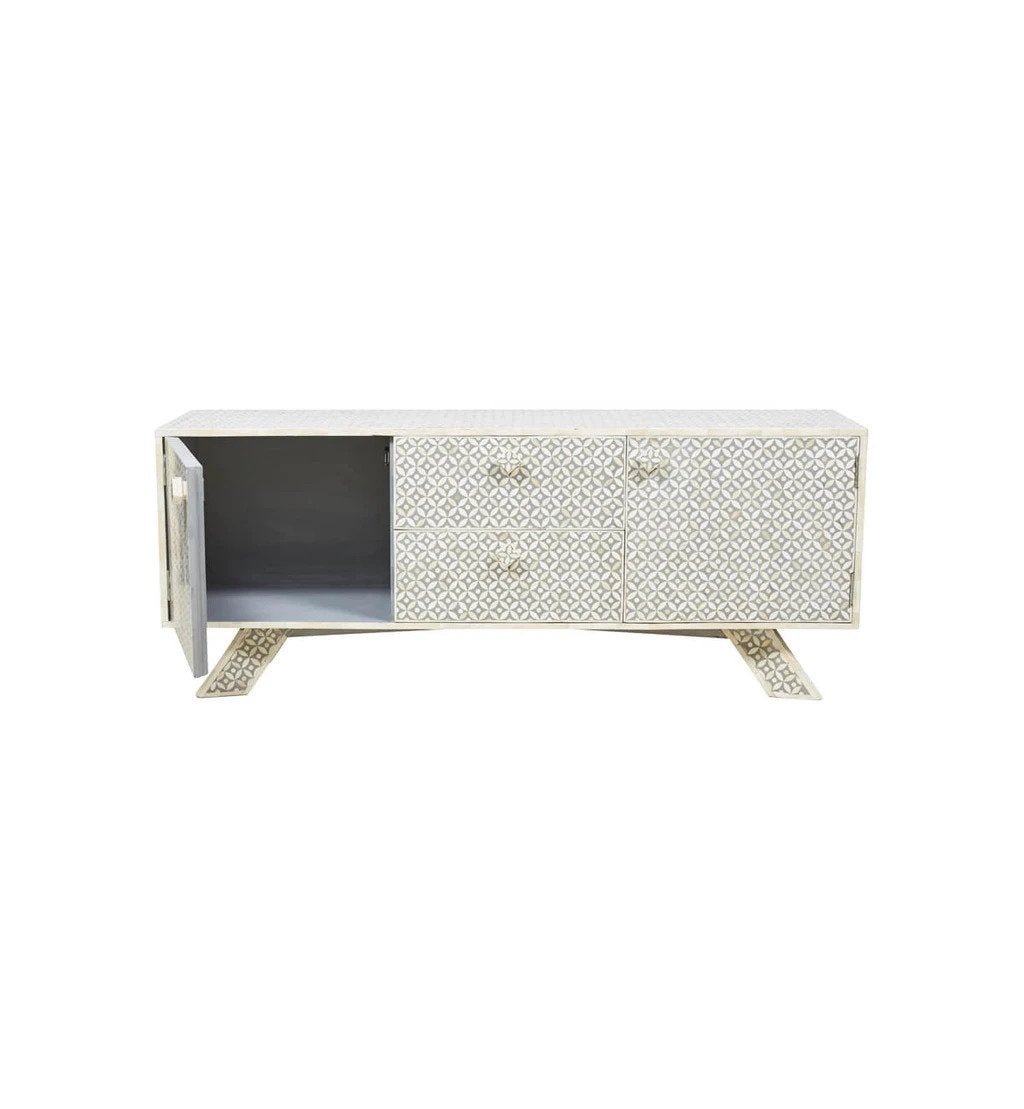 Handmade Bone Inlay TV Unit in White Color | Handmade Geometric Pattern Media Console Media Console - Bone Inlay Furnitures