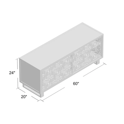 3D dimension diagram of handmade bone inlay TV unit showing measurements: 60 inches width, 24 inches height, 20 inches depth, geometric pattern on cabinet doors, accurate size reference for furniture planning.