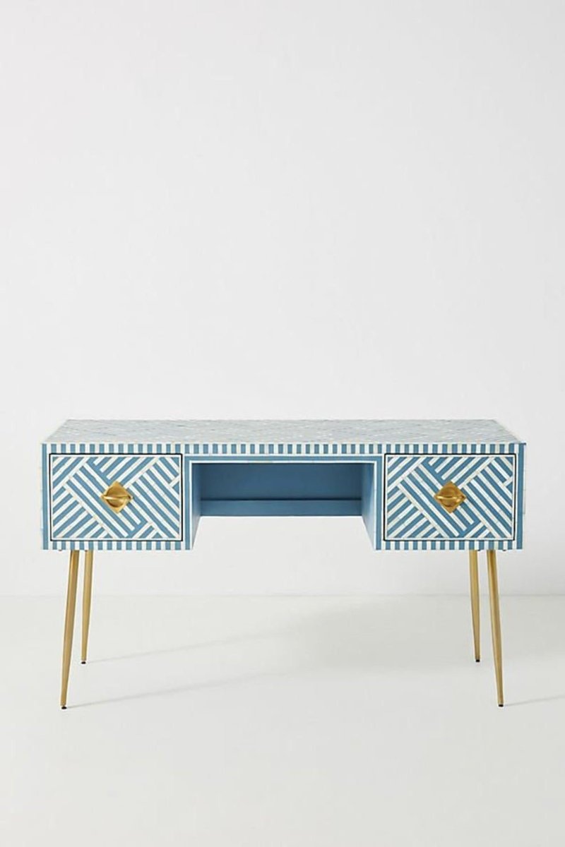 Handmade Bone Inlay Work Desk in Sky Blue Color | Handmade Console Table With 2 Drawer workdesk - Bone Inlay Furnitures