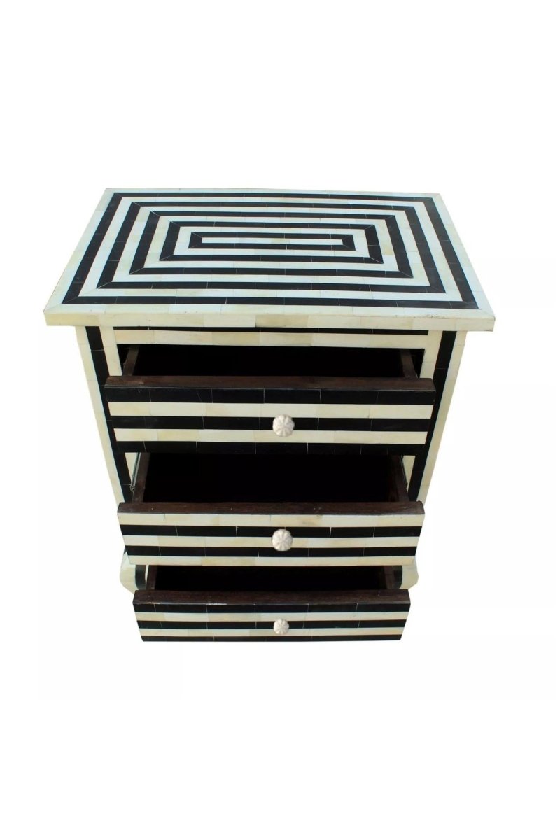 Bone Inlay Black and White Striped Three Drawer Nightstand with Open Drawers Showing Interior Storage Space