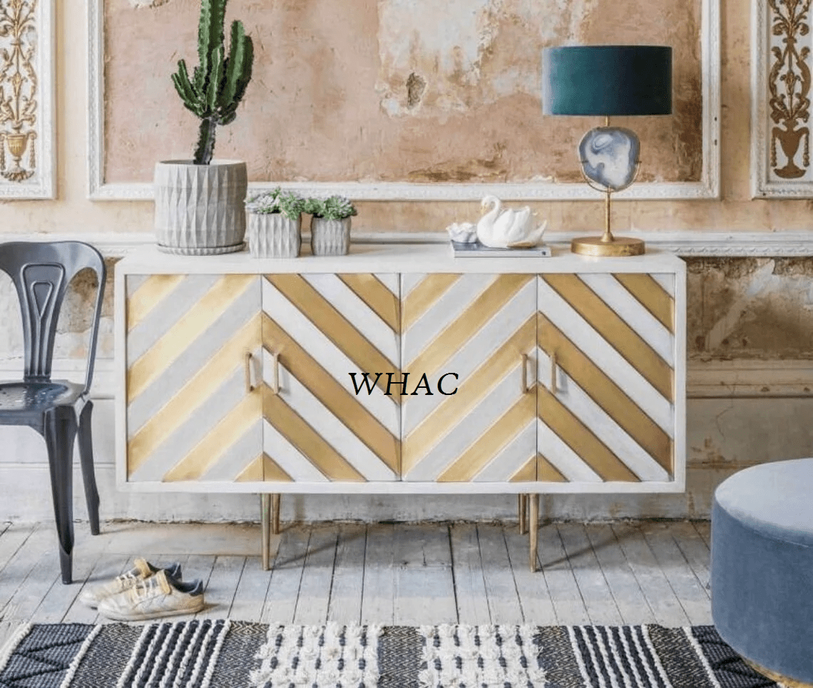 Handmade Brass embossed Sideboard | Chevron Brass, Gold and white Buffet Table Buffet & Sideboard - Bone Inlay Furnitures