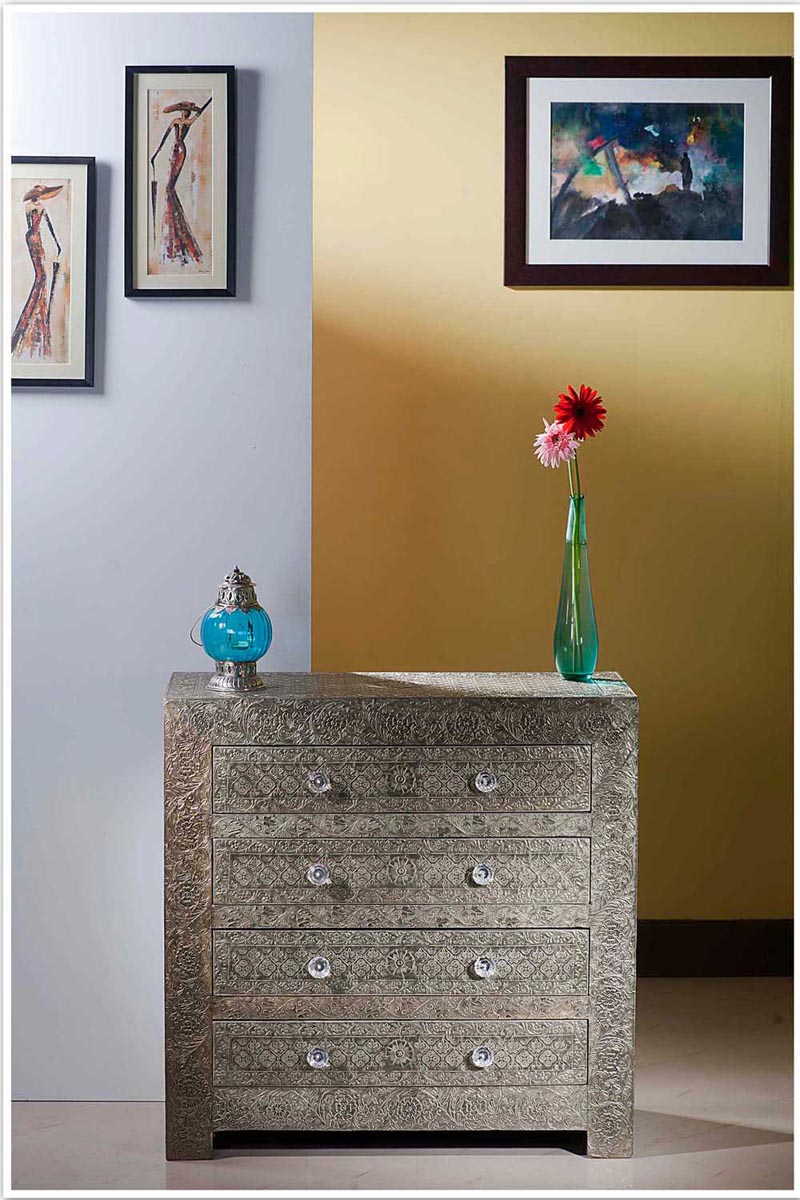 Handmade Brass Embossed White Metal Dresser | Metal Chest Of Drawer In White Color Drawer Dresser - Bone Inlay Furnitures
