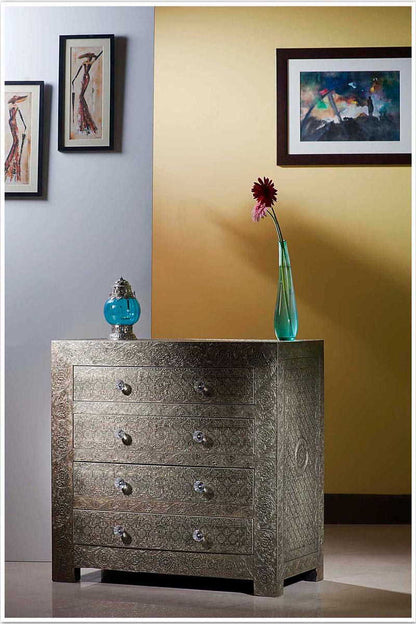 Handmade Brass Embossed White Metal Dresser | Metal Chest Of Drawer In White Color Drawer Dresser - Bone Inlay Furnitures