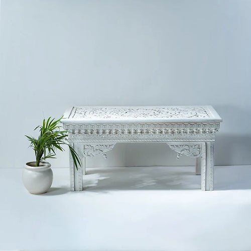 Handmade Carved Console Table | Hand-carved White Color Entryway table console table - Bone Inlay Furnitures