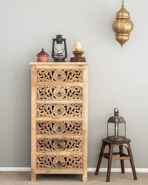 Artisan Floral Hand-Carved Natural 6-Drawer Tallboy Dresser