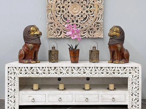 Handmade Carved Media Console Table in White Color | Hand Carved Entertainment Unit Media Console Table - Bone Inlay Furnitures