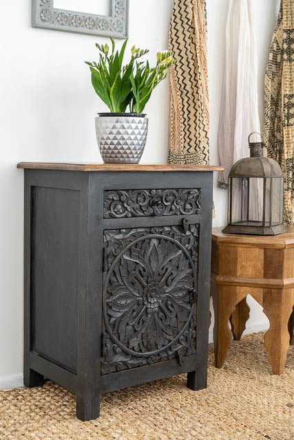 Handmade Charcoal Bedside Table | Hand Carved Night Stand Bedside Table - Bone Inlay Furnitures