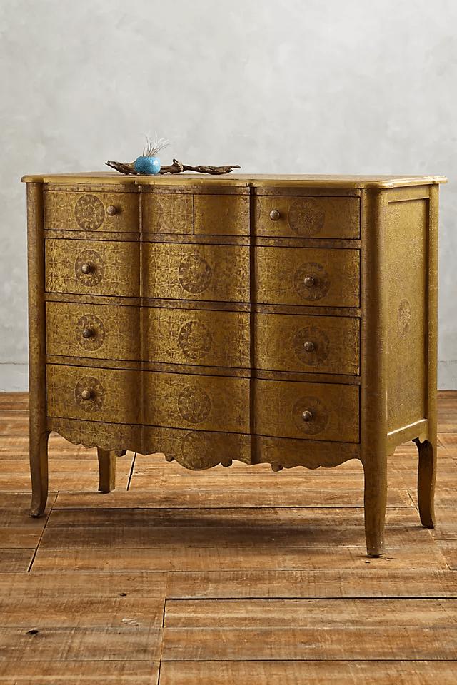 Handmade Embossed Chest of 5 Drawers | Embossed Brass Metal Dresser Chest of Drawers - Bone Inlay Furnitures