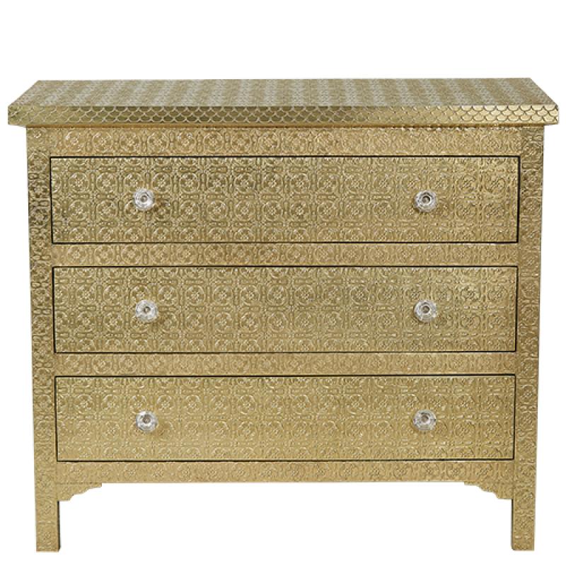 Handmade Embossed Metal Chest of 3 drawers | Indian Metal Antique Dresser Chest of Drawers - Bone Inlay Furnitures