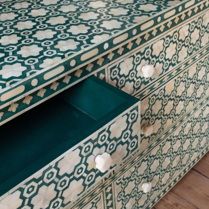 Handmade Floral Bone Inlay Six Drawer Dresser | Bone Inlay Furniture In Green Color Chest of Drawers - Bone Inlay Furnitures