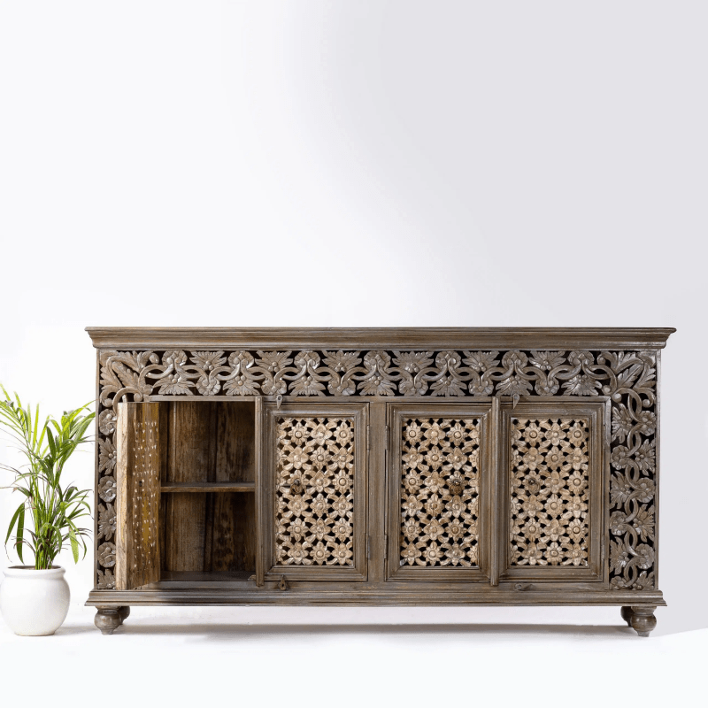 Handmade Floral Carved Solid Wooden Indian Sideboard Cabinet Buffet & Sideboard - Bone Inlay Furnitures