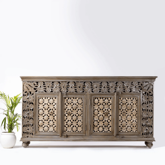 Artisan floral hand carved Indian solid wood sideboard cabinet with intricate floral design in rich walnut finish