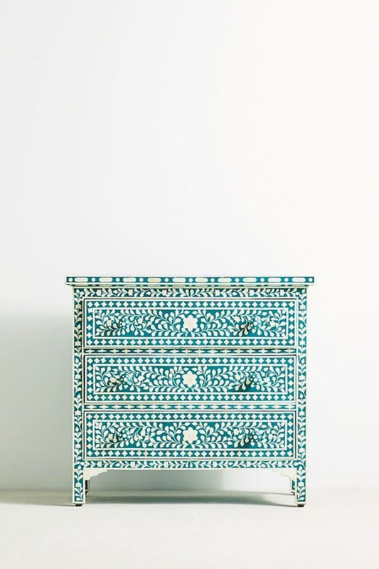 Handmade Floral Design 3 Drawers Dresser Teal Green Color