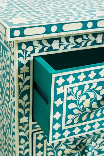 Handmade Floral Design 3 Drawers Dresser Teal Green Color | Bone Inlay Storage Unit Chest of Drawers - Bone Inlay Furnitures