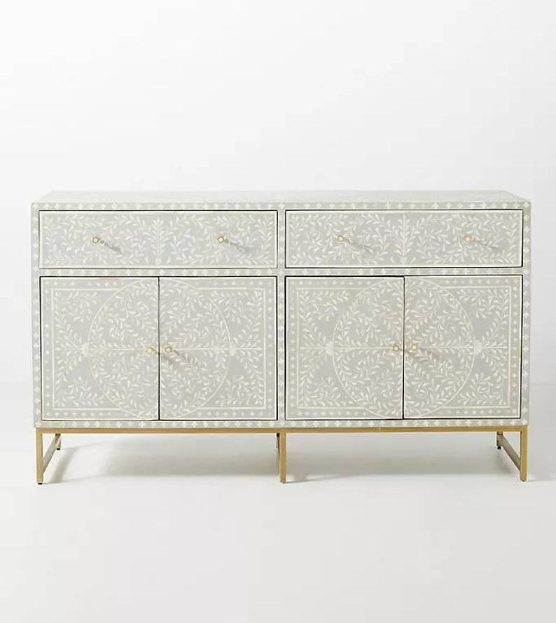 Handmade Floral Design Sideboard with 4 Doors and 2 Drawers in Grey Color | Bone Inlay Custom Made Buffet Table Buffet & Sideboard - Bone Inlay Furnitures
