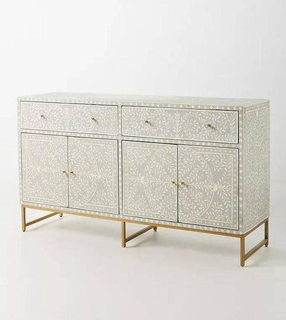 Handmade Floral Design Sideboard with 4 Doors and 2 Drawers in Grey Color | Bone Inlay Custom Made Buffet Table Buffet & Sideboard - Bone Inlay Furnitures
