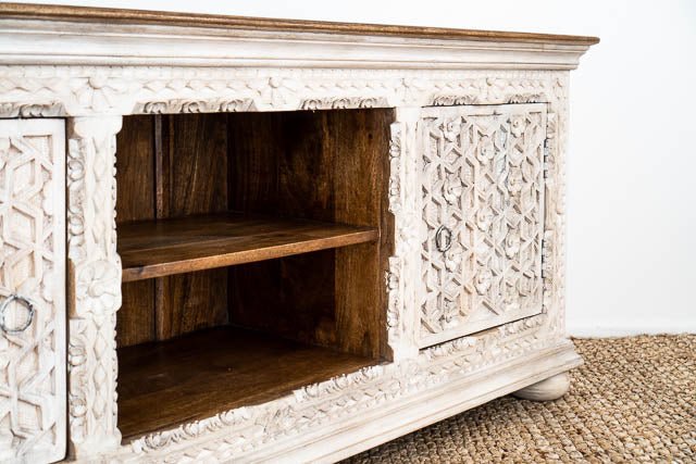 Handmade Floral Design Wood Carving Buffet Table | Hand-carved Sideboard with Exotic Touch Buffet & Sideboard - Bone Inlay Furnitures