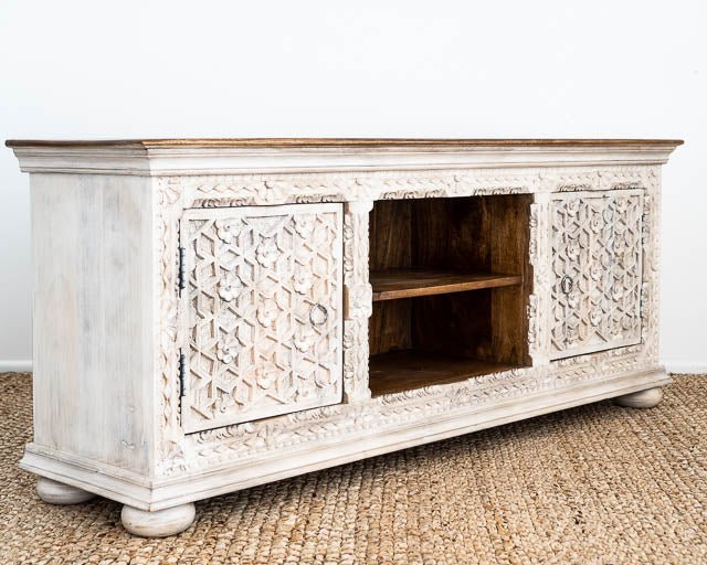 Handmade Floral Design Wood Carving Buffet Table | Hand-carved Sideboard with Exotic Touch Buffet & Sideboard - Bone Inlay Furnitures