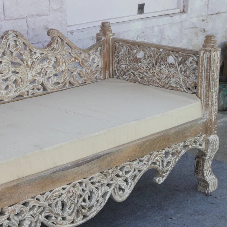 Handmade Garden Maharajah Indian Daybed | Hand-carved Wooden Sofa Daybed - Bone Inlay Furnitures