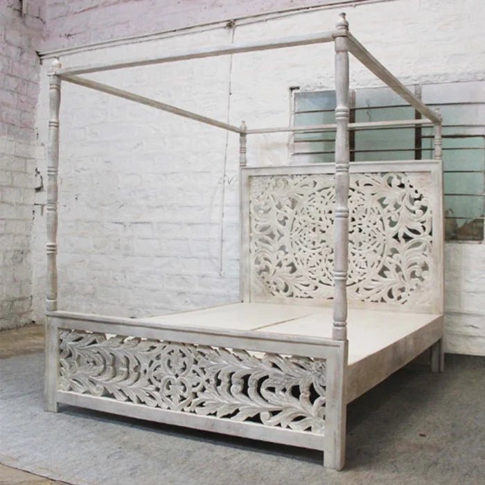 Handmade Hand Carved Bed | Wooden Antique Indian Design Queen Size Bed Bed - Bone Inlay Furnitures