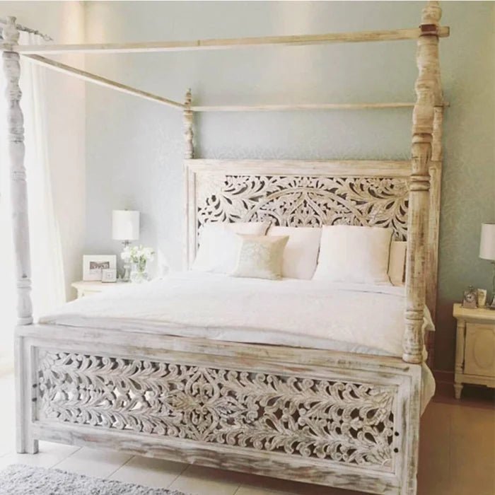 Handmade Hand Carved Bed | Wooden Antique Indian Design Queen Size Bed Bed - Bone Inlay Furnitures