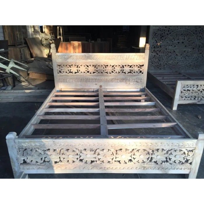 Handmade Hand Carved Bed | Wooden Indian Design King Size Bed Bed - Bone Inlay Furnitures