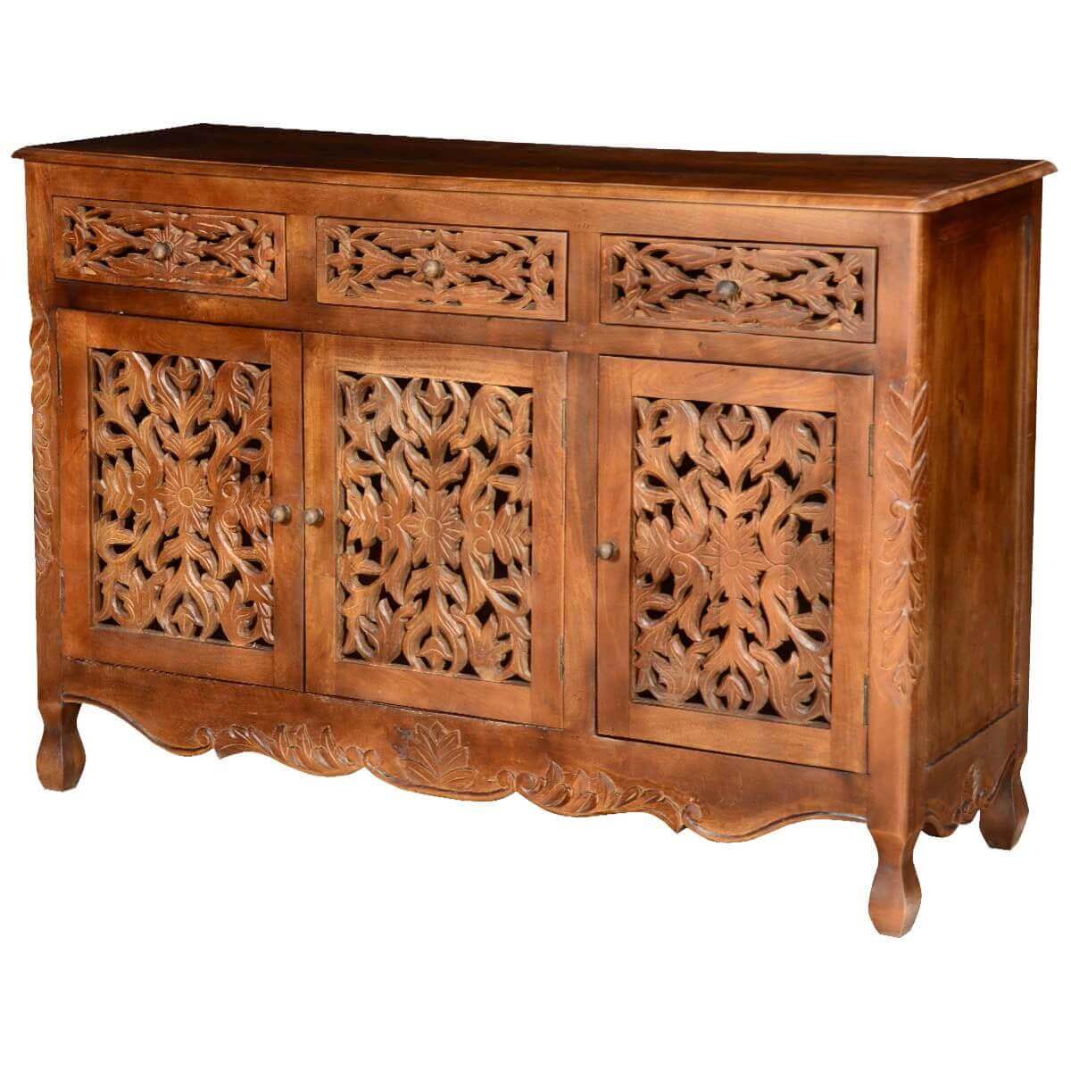 Handmade Hand Carved Buffet Table in Natural Color | Wooden Three Doors and Drawers Sideboard Buffet & Sideboard - Bone Inlay Furnitures