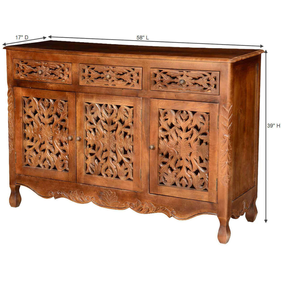 Handmade Hand Carved Buffet Table in Natural Color | Wooden Three Doors and Drawers Sideboard Buffet & Sideboard - Bone Inlay Furnitures