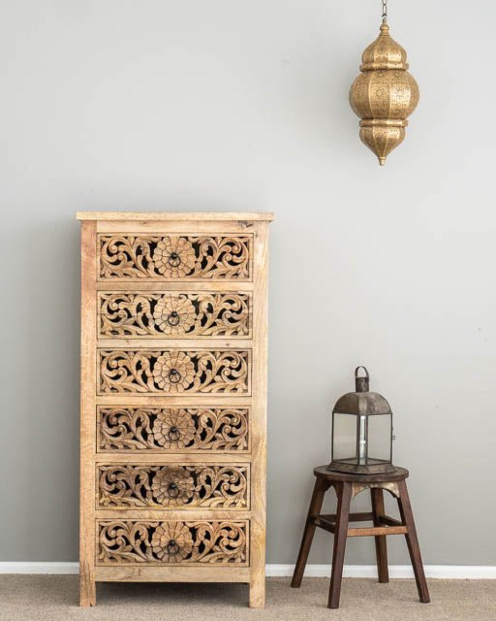 6-Drawer Hand-Carved Natural Wood Tallboy Dresser – Bone Inlay Furnitures