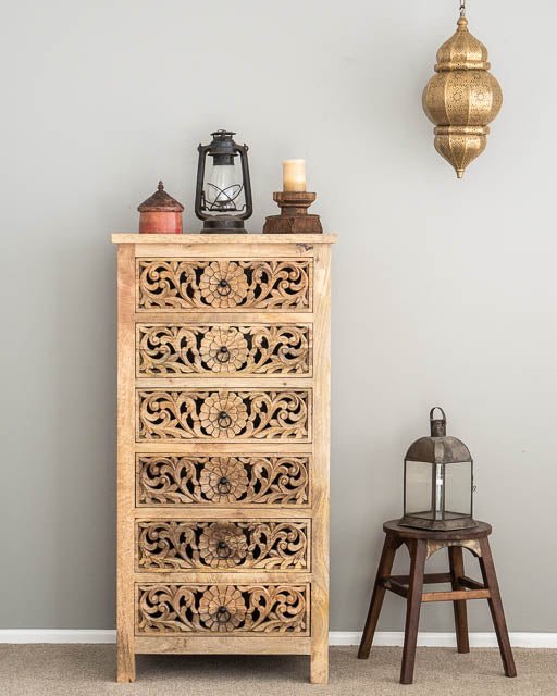 Handmade Hand Carved Indian Flower Dresser | Tallboy Chest of Six Drawers Dresser - Bone Inlay Furnitures