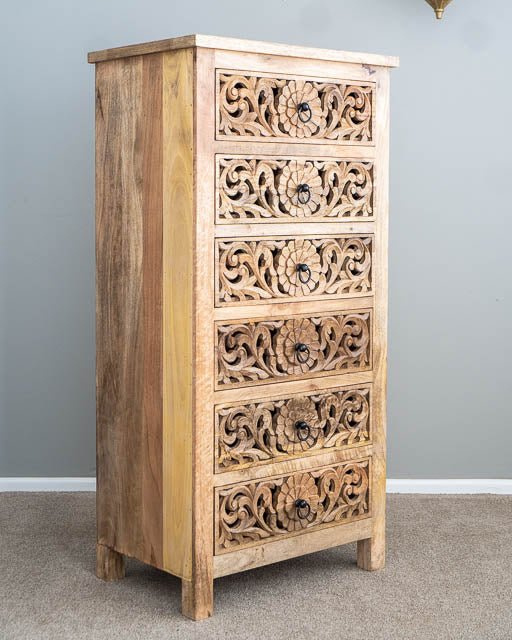 Handmade Hand Carved Indian Flower Dresser | Tallboy Chest of Six Drawers Dresser - Bone Inlay Furnitures