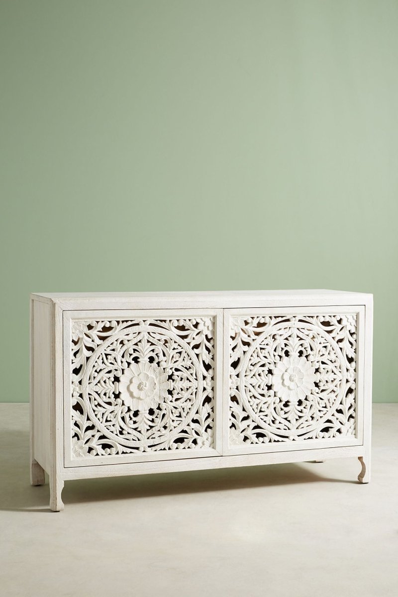 Handmade Hand Carved Lombok Buffet Table In White Color | Custom Made Sideboard Buffet & Sideboard - Bone Inlay Furnitures