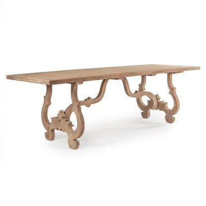 Handmade Hand Carved Rectangle Pedestal Dining Table with Scroll Legs in Natural Finish Dining Table - Bone Inlay Furnitures