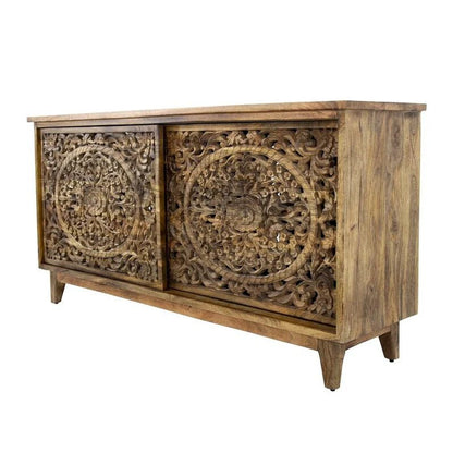 Handmade Hand Carved Sideboard | Indian Wooden Sideboard In Natural Color Buffet & Sideboard - Bone Inlay Furnitures