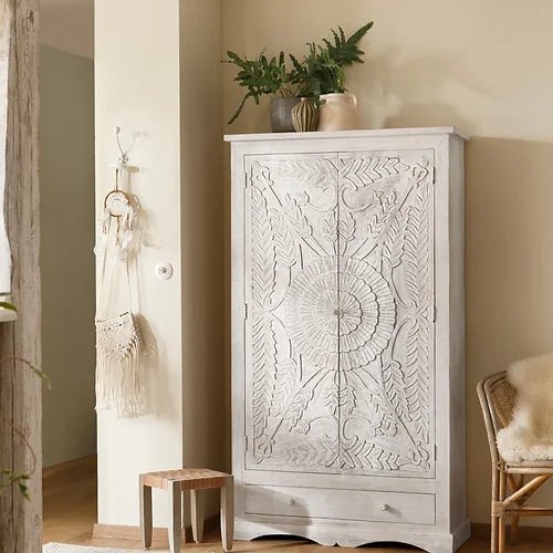 Handmade Hand-carved Solid Wooden Indian Armoire In White Color | Indian Furniture Armoire - Bone Inlay Furnitures