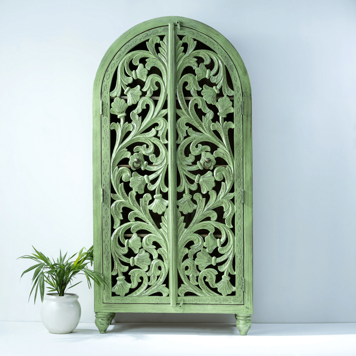 Handmade Hand Carved Solid Wooden Tall Cupboard in Green Color Armoire - Bone Inlay Furnitures