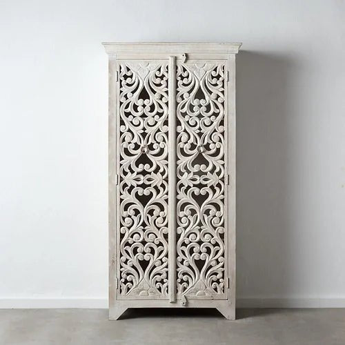 Handmade Hand-carved White Solid Wooden Floral Pattern Armoire Wardrobe Armoire - Bone Inlay Furnitures