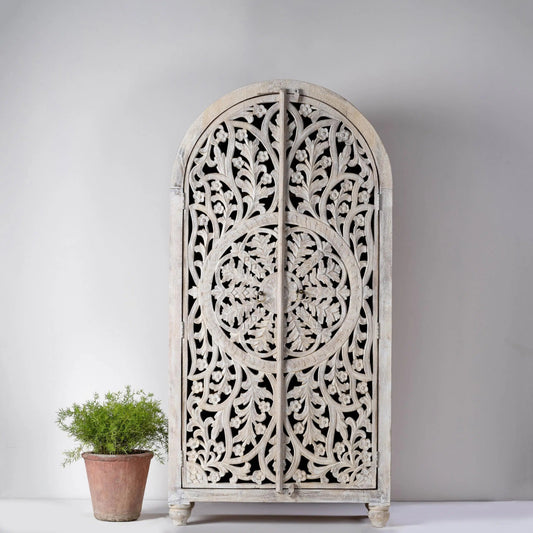 Handmade Hand Carved Wooden Classy Armoire Closet in White Color | Indian Furniture Armoire - Bone Inlay Furnitures