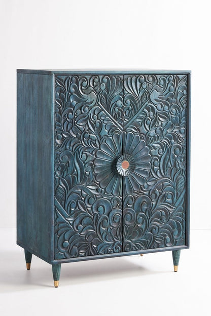 Handmade Hand-carved Wooden Gulliver Armoire Closet Indigo Color Armoire - Bone Inlay Furnitures