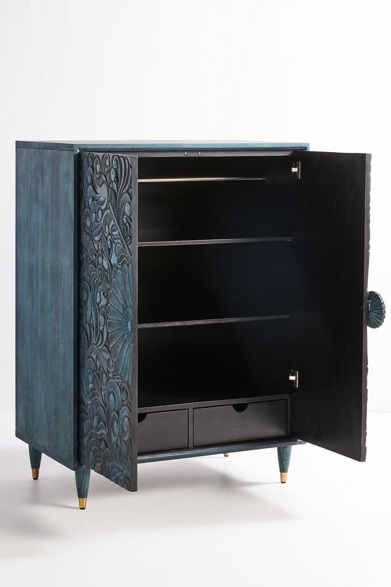 Handmade Hand-carved Wooden Gulliver Armoire Closet Indigo Color Armoire - Bone Inlay Furnitures