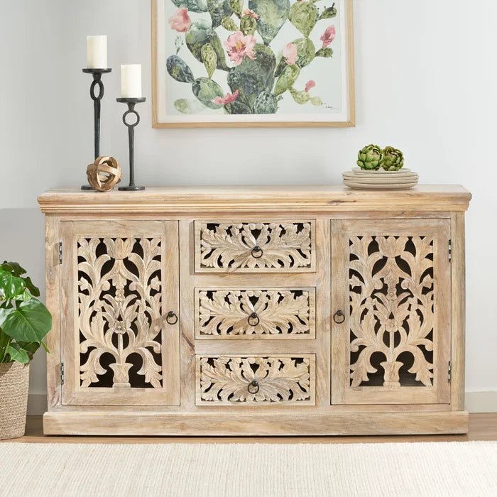 Handmade Hand-carved Wooden Sideboard | Handmade Indian Design Buffet Table Buffet & Sideboard - Bone Inlay Furnitures