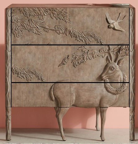 Handmade Handcarved Deer 3 Drawers Dresser | Wooden Chest of Drawers Chest of Drawers - Bone Inlay Furnitures