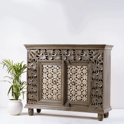 Handmade Handcarved Floral Carved Two Door Cabinet | Best Indian Furniture Cabinet - Bone Inlay Furnitures