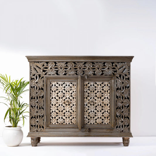 Handmade Handcarved Floral Carved Two Door Cabinet | Best Indian Furniture Cabinet - Bone Inlay Furnitures