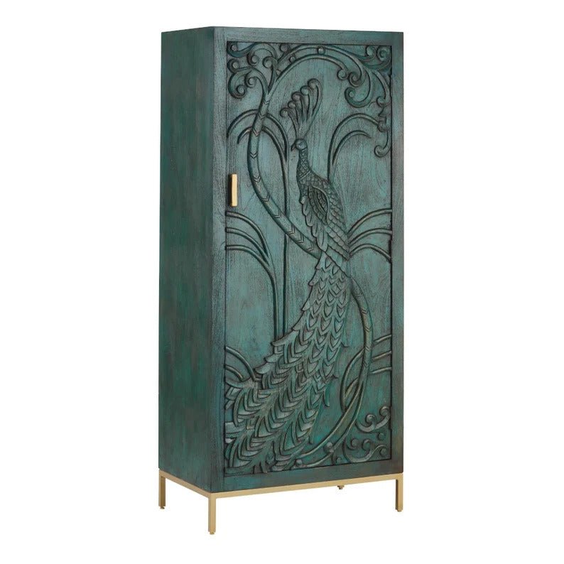 Handmade Indian Design Hand Carved Wood Peacock Armoire Wardrobe Armoire - Bone Inlay Furnitures