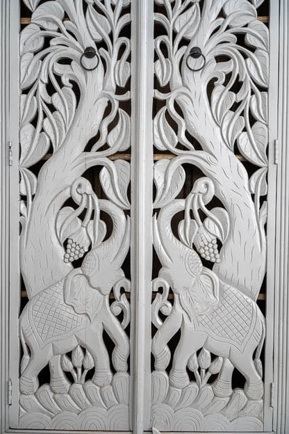 Handmade Indian Hand-carved Jungle Elephant Designed Armoire Wardrobe White Color Armoire - Bone Inlay Furnitures