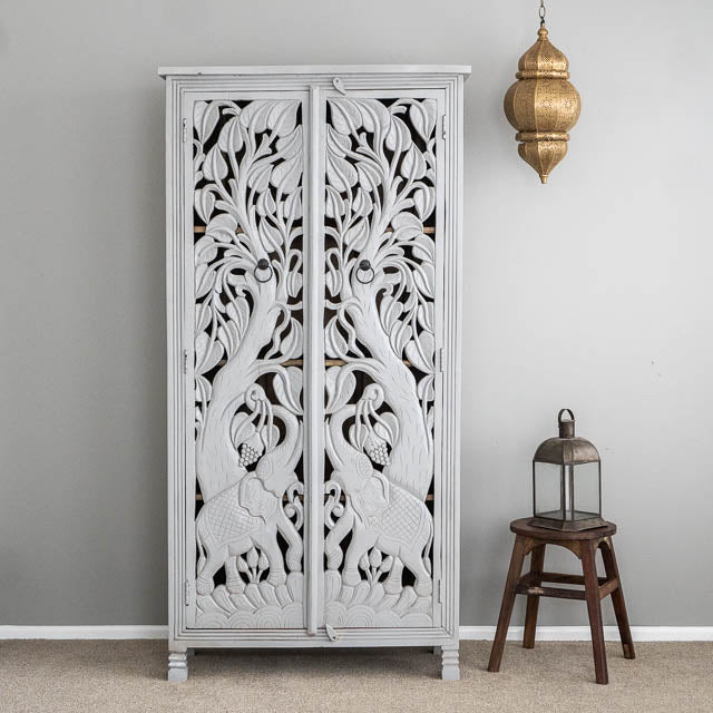 Handmade Indian Hand-carved Jungle Elephant Designed Armoire Wardrobe White Color Armoire - Bone Inlay Furnitures