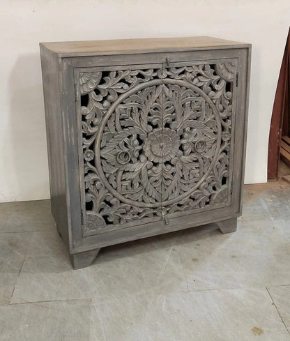 Handmade Indian Wooden Cabinet | Hand Carved Door Cabinetry Furniture Cabinet - Bone Inlay Furnitures