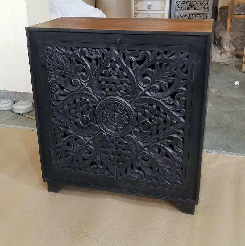 Handmade Indian Wooden Cabinet | Hand Carved Door Cabinetry Furniture Cabinet - Bone Inlay Furnitures