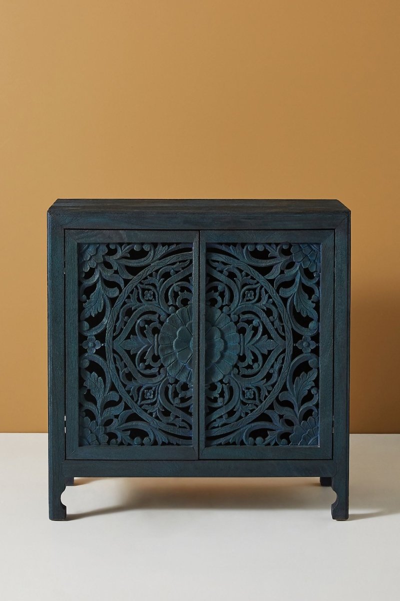 Handmade Lombok Entryway Cabinet Indigo Color | Hand-carved Wooden Storage Unit Cabinet - Bone Inlay Furnitures
